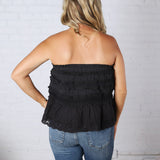 Birdie Lace Trim Ruffled Strapless Trapez Top - Black