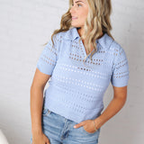 Blakely Coastal Split Neck Sheer Weaving Pointelle Sweater - Power Blue