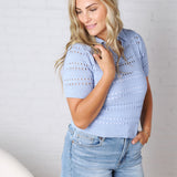 Blakely Coastal Split Neck Sheer Weaving Pointelle Sweater - Power Blue