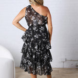 Brigette One Shoulder Tiered Midi Dress - Black Floral
