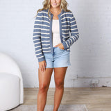 Laure Chunky Knit Striped Open Cardigan - Blue
