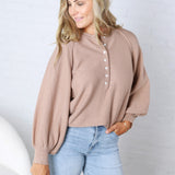 Presley Henley Balloon Sleeve Sweater Top - Taupe