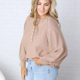 Presley Henley Balloon Sleeve Sweater Top - Taupe