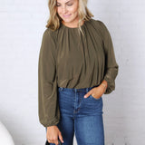 Amora Bubble Hem Long Sleeve Top - Olive