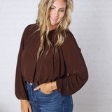 Amora Bubble Hem Long Sleeve Top - Dk Brown