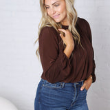 Amora Bubble Hem Long Sleeve Top - Dk Brown