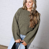 Nella Long Sleeve Fuzzy Knit Pullover Sweater - Olive