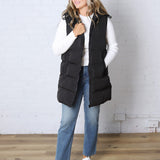 Roswen Hooded Zipper Longline Puffer Vest - Black