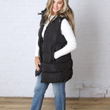 Roswen Hooded Zipper Longline Puffer Vest - Black