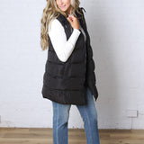 Roswen Hooded Zipper Longline Puffer Vest - Black