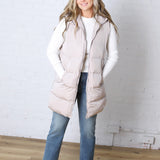 Roswen Hooded Zipper Longline Puffer Vest - Beige