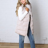 Roswen Hooded Zipper Longline Puffer Vest - Beige