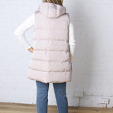 Roswen Hooded Zipper Longline Puffer Vest - Beige