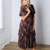 Gabriella Velvet Floral Smocked Waist Tiered Dress - Plum