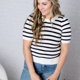 Amandine Ribbed Eyelet Stripe Top – Navy