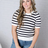 Amandine Ribbed Eyelet Stripe Top – Navy