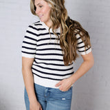 Amandine Ribbed Eyelet Stripe Top – Navy