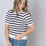 Amandine Ribbed Eyelet Stripe Top – Navy