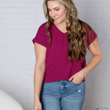 Nelly Ribbed Short Sleeve Top - Magenta