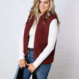 Louisa Sherpa Fleece Zipper Mock Neck Vest - Wine