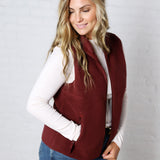 Louisa Sherpa Fleece Zipper Mock Neck Vest - Wine