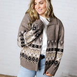Lainey Knit Sweater Zip-Up Collar Neck - Heather Mocha