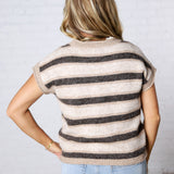 Teddy Stripe Short Sleeve Raw Edge Knit Sweater - Dk Brown