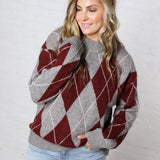 Edie Oversized Argyle Sweater - Wine Multi