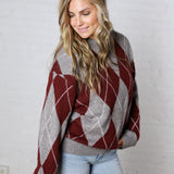 Edie Oversized Argyle Sweater - Wine Multi