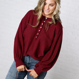 Presley Henley Balloon Sleeve Sweater Top - Burgundy