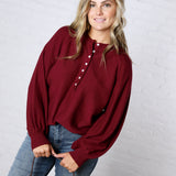 Presley Henley Balloon Sleeve Sweater Top - Burgundy