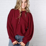 Presley Henley Balloon Sleeve Sweater Top - Burgundy