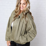 Estella Faux Suede Bomber Jacket - Olive