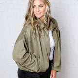 Estella Faux Suede Bomber Jacket - Olive