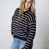 Arlette Relaxed Stripe Crew Neck Sweater - Navy