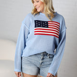 Noemie American Flag Crochet Knit Top - Powder Blue
