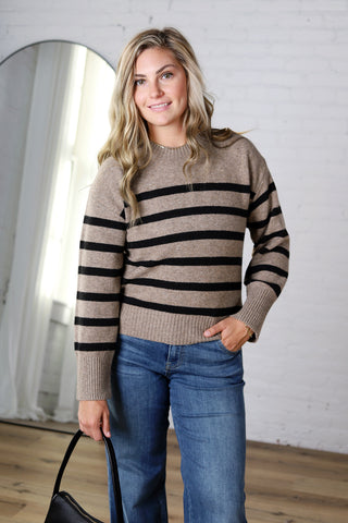 Sena Striped Button Detail Sweater - Dark Taupe/Black