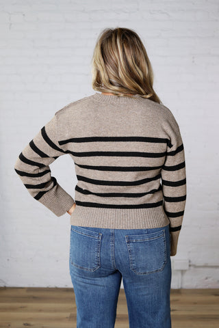 Sena Striped Button Detail Sweater - Dark Taupe/Black