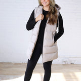 Roswen Hooded Zipper Longline Puffer Vest - Beige