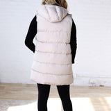 Roswen Hooded Zipper Longline Puffer Vest - Beige