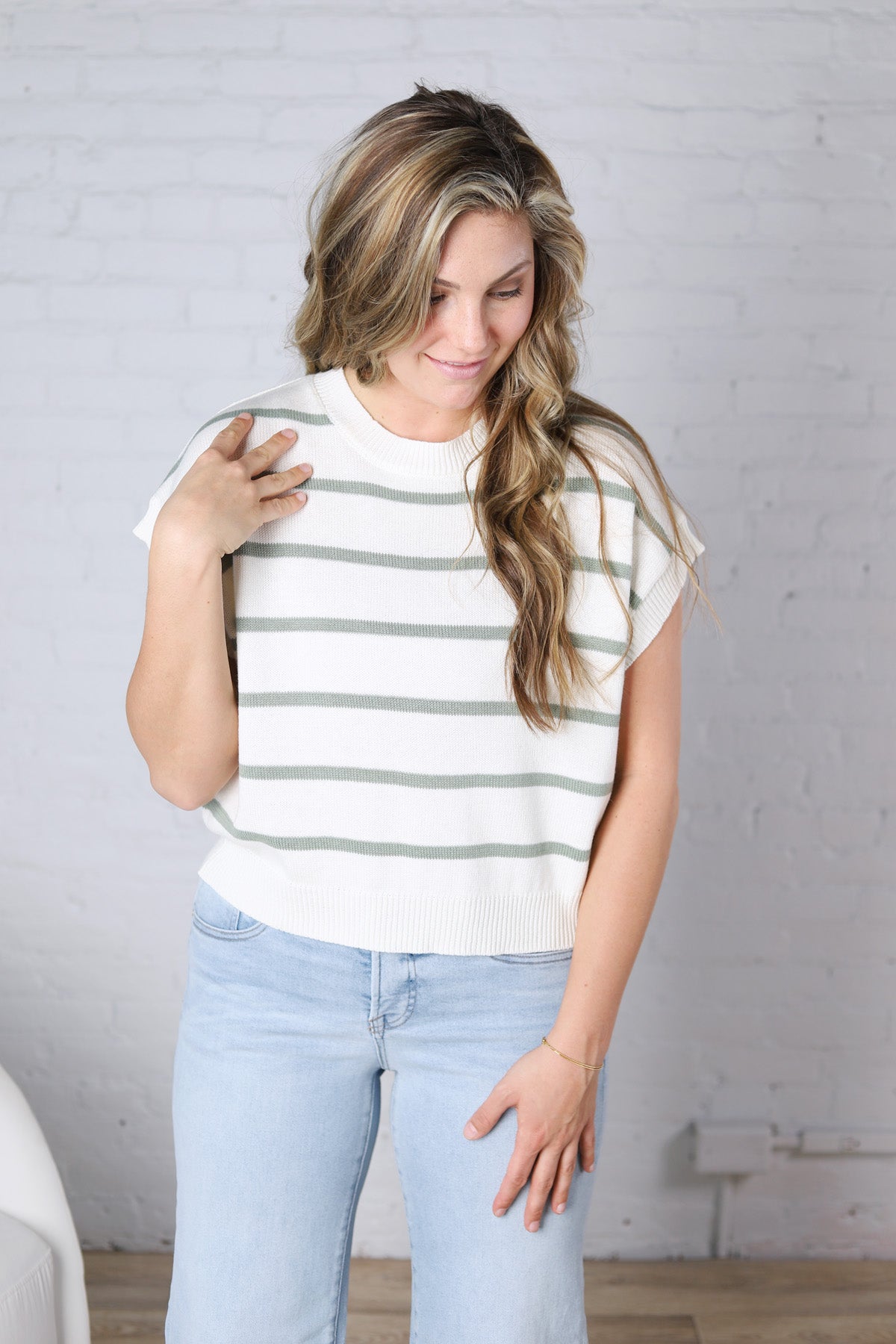 Imogen Stripe Dolman Knit Top - Sage Green