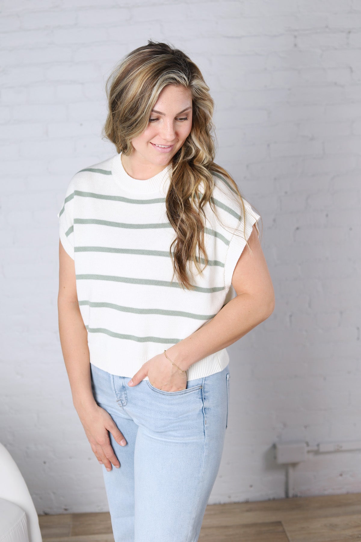 Imogen Stripe Dolman Knit Top - Sage Green