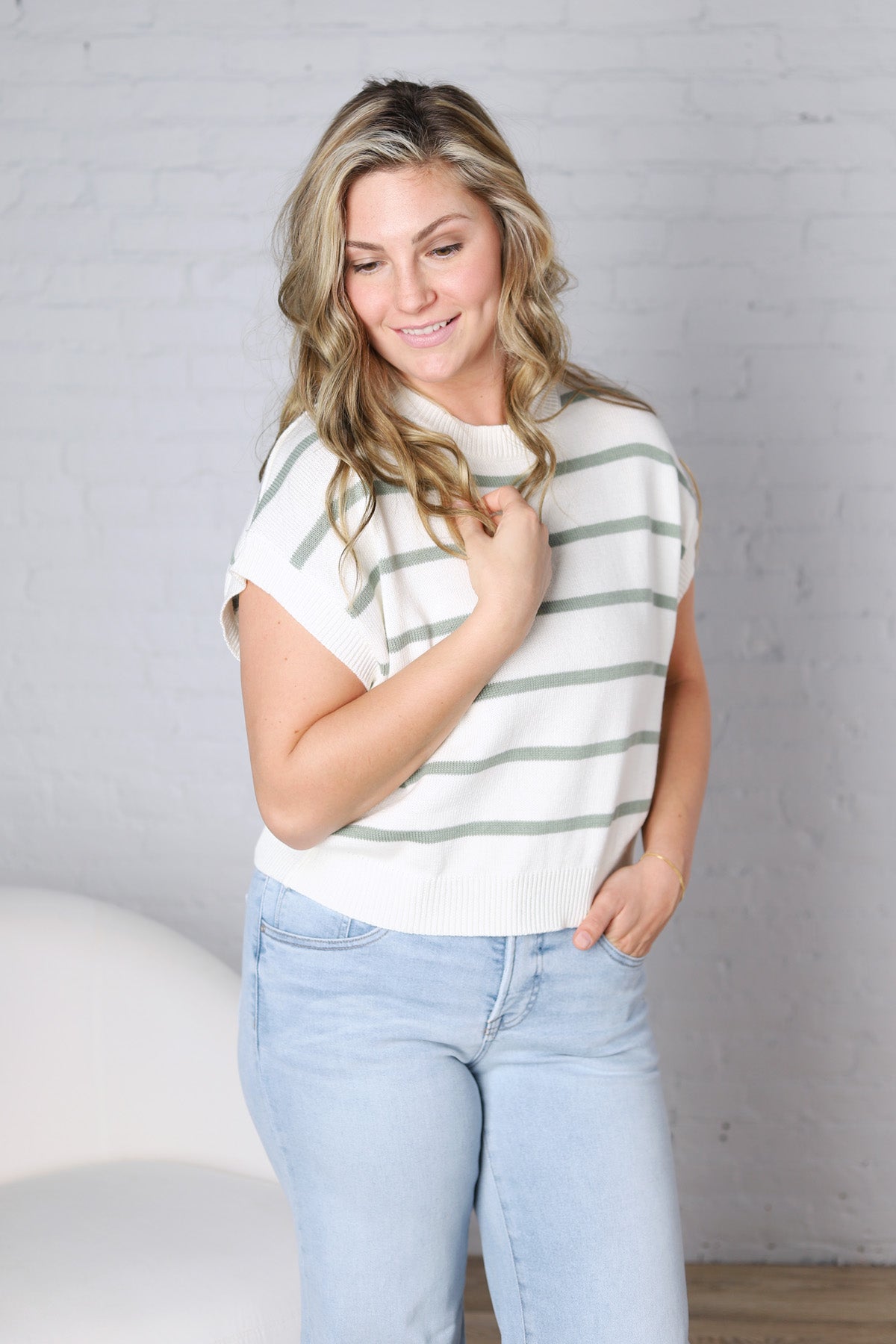 Imogen Stripe Dolman Knit Top - Sage Green