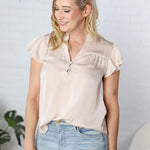 Isabella Ruffle Collar Button Down Short Sleeve Blouse - Light Taupe