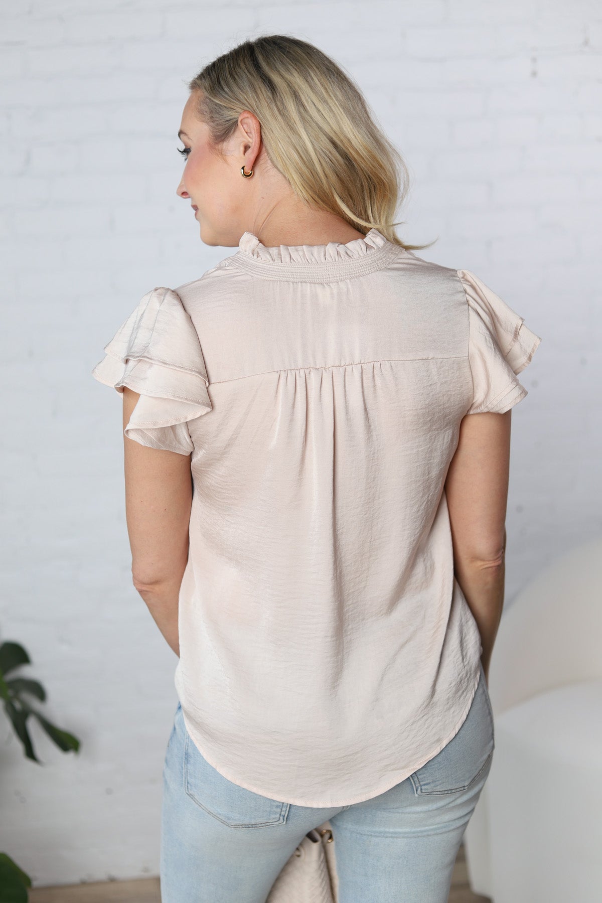 Isabella Ruffle Collar Button Down Short Sleeve Blouse - Light Taupe