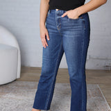 Isley Crop Raw Hem Straight Jeans by Risen Jeans - Dark Wash