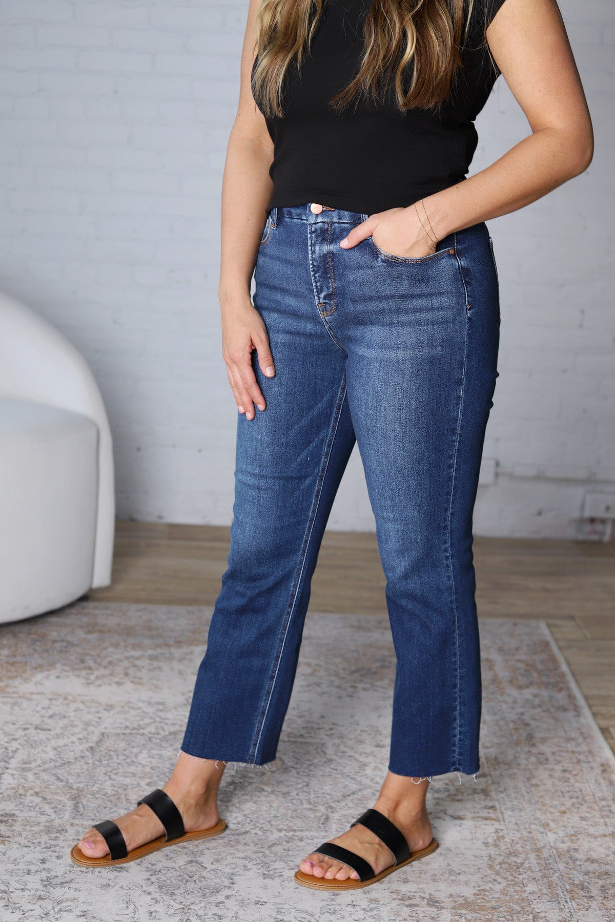 Isley Crop Raw Hem Straight Jeans by Risen Jeans - Dark Wash
