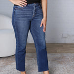 Isley Crop Raw Hem Straight Jeans by Risen Jeans - Dark Wash