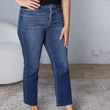 Isley Crop Raw Hem Straight Jeans by Risen Jeans - Dark Wash