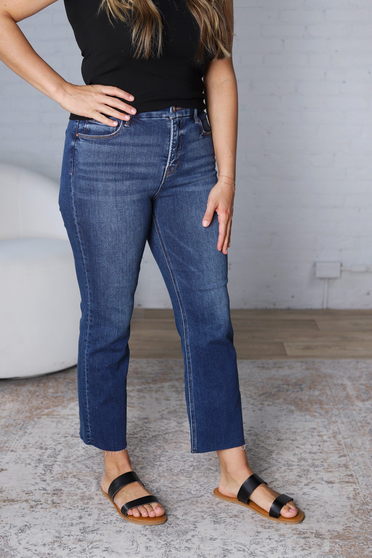 Isley Crop Raw Hem Straight Jeans by Risen Jeans - Dark Wash